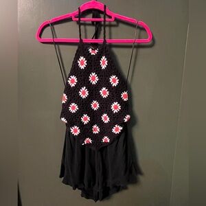 Black Crochet Halter Top Romper with Red and White Floral Pattern